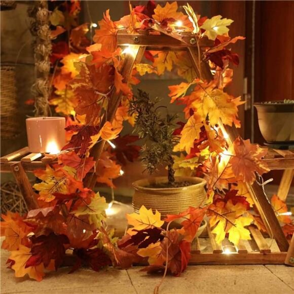2 Pack Fall Maple Garland with 40 LED String Light- 5.8ft/Piece - Picture 2 of 7